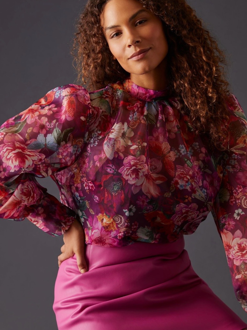 Anthropologie Sheer Floral Puff-Sleeve Blouse in Magenta and Pink